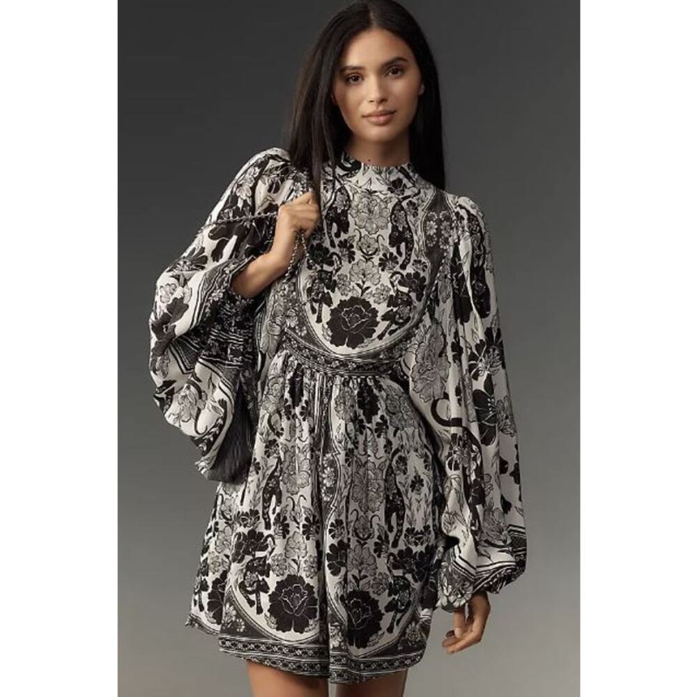 NEW Farm Rio Flower Leopards Mini Dress Long-Sleeve Black & White Size Small